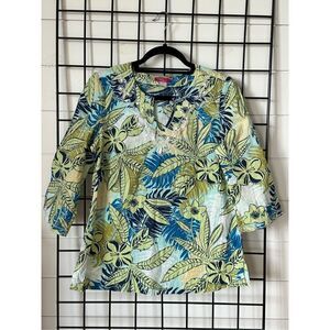 Cappagallo Floral 3/4 Sleeve Blouse Women's Petite S Blue Green V-Neck Embellish